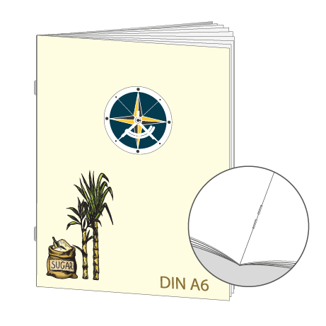 Broschüre aus Zuckerrohrpapier | DIN A6 32-Seiter | bedruckt